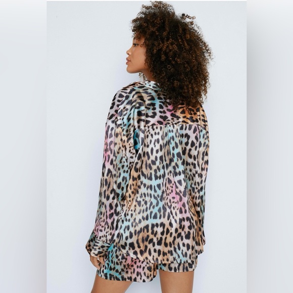 Satin Ombre Leopard Print Oversized Pajama Short Set - Multiple - Picture 3 of 6